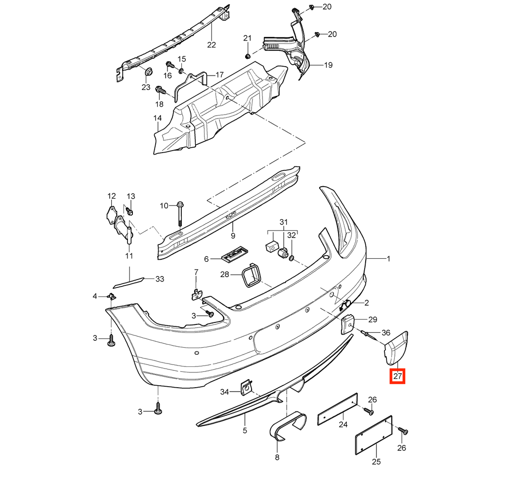 Porsche Kennzeichenblende Heckstoßstange Boxster Cayman 987 Grundiert – Ansicht 4