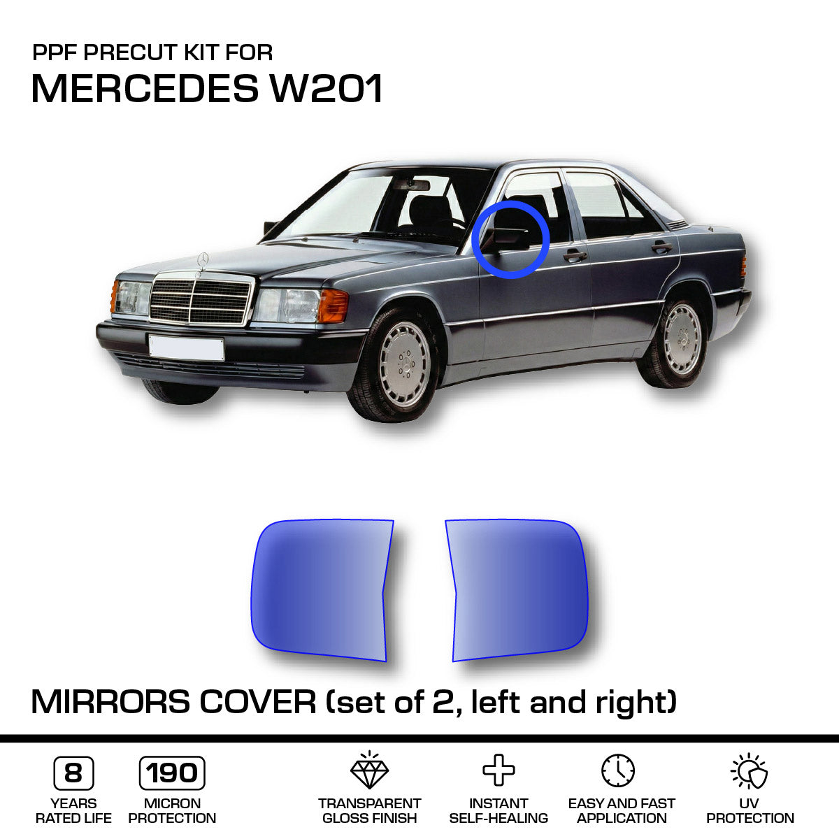 Mercedes-Benz Außenspiegel-Schutzfolie PPF 2er-Satz W201 NEU