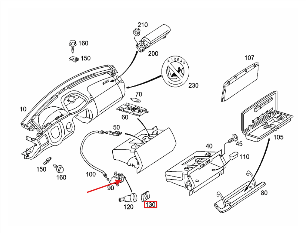 Mercedes-Benz Handschuhfach-Griff Abdeckungen Schalter W215 NEU – A2156801184 – Ansicht 4