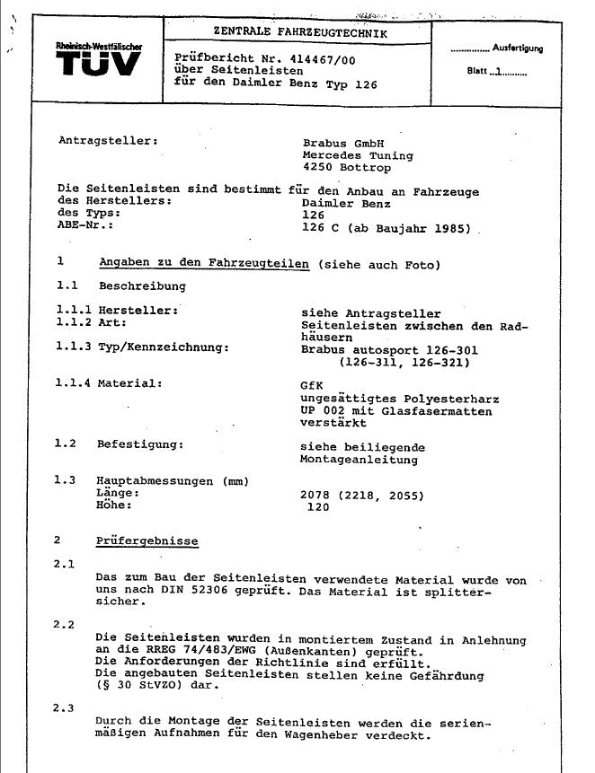 TÜV Gutachten Brabus W126 Seitenleisten 126-311 126-301 126-321