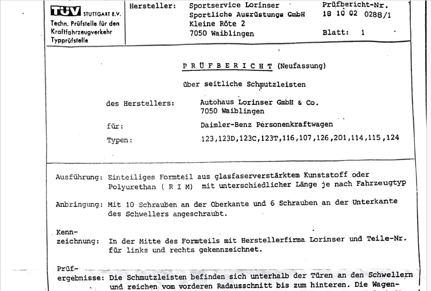 TÜV Gutachten Lorinser Seitenschweller (alle Modelle)