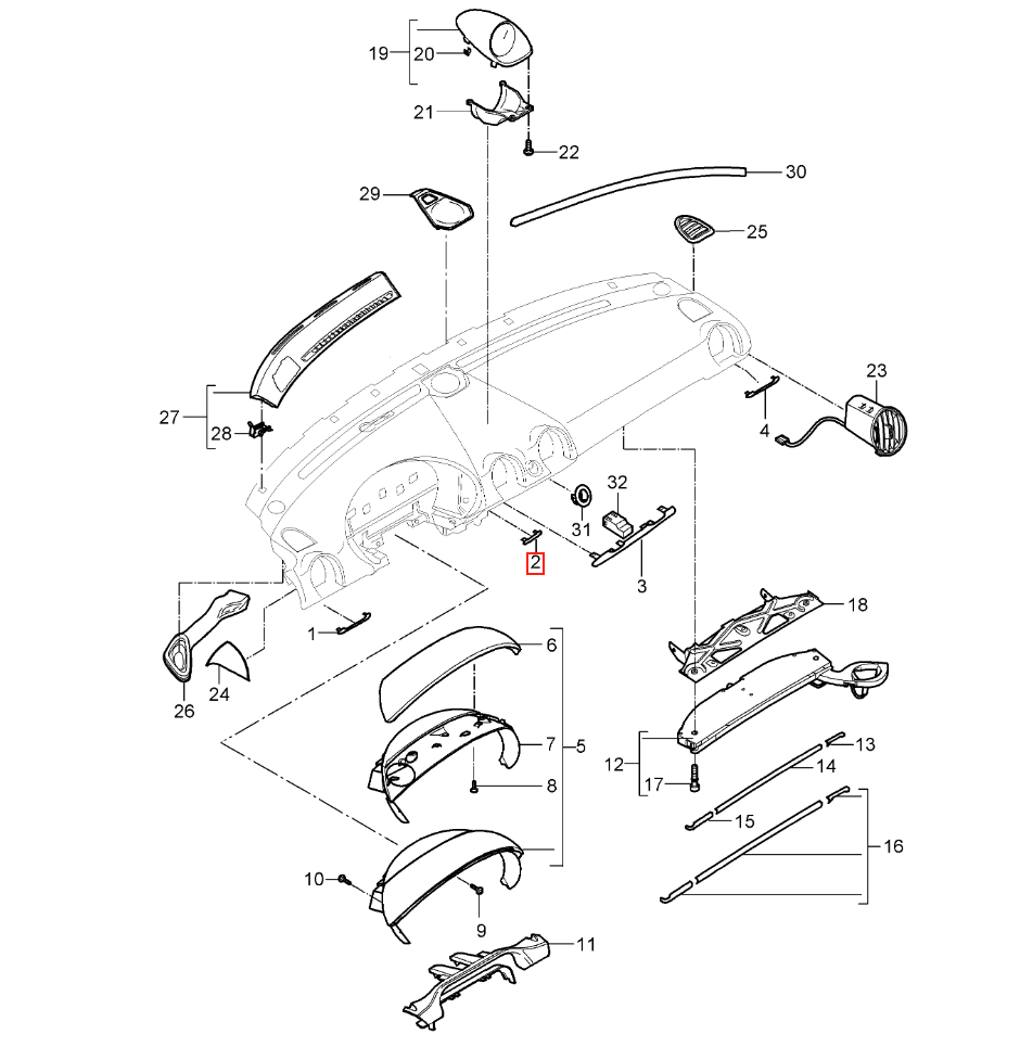 Porsche Boxster Cayman Armaturenbrett-Zierblende klein Schwarz – Ansicht 4