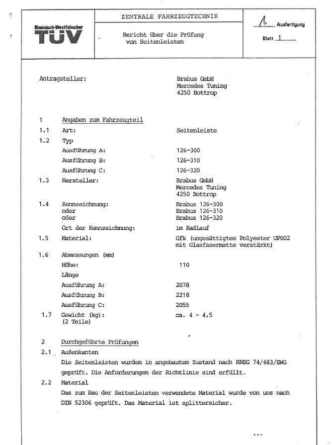 TÜV Gutachten Brabus W126 Seitenleisten 126-300 126-310 126-320