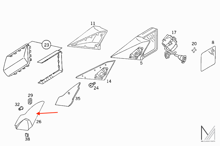 Mercedes-Benz W124 Tür Innenspiegelabdeckung NEU – A1247251511 – Ansicht 4