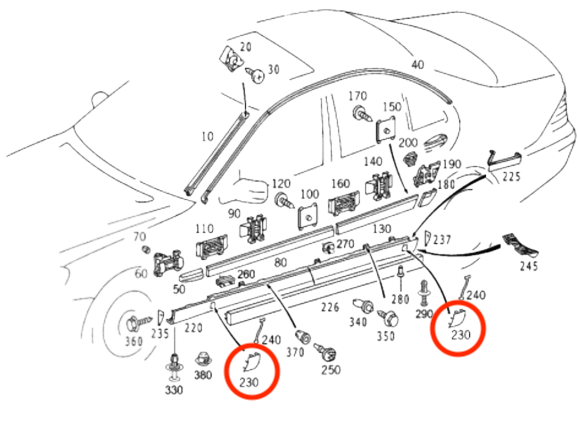 Mercedes-Benz W140 Wagenheber Point Loch Abdeckung Clip Zierleiste SET (4 – A1406980330 – Ansicht 2