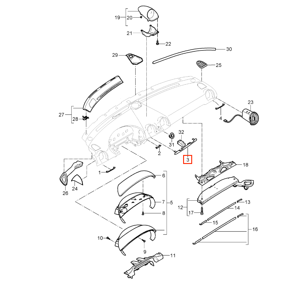 Porsche Boxster Cayman Armaturenbrett-Zierblende Schwarz – Ansicht 4